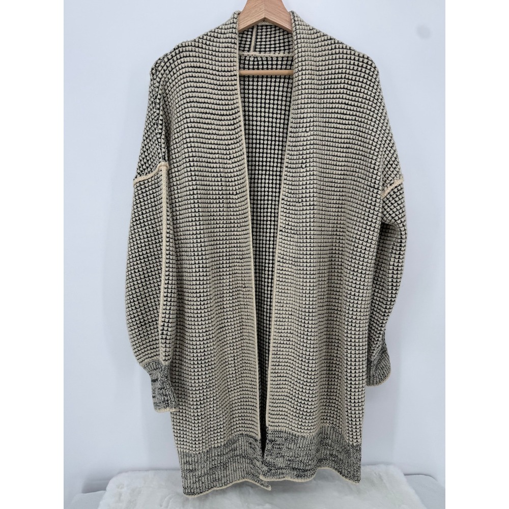 Unbranded Longline Waffle Knit Cardigan Women Size‎ M Cream Black Balloon Sleeve